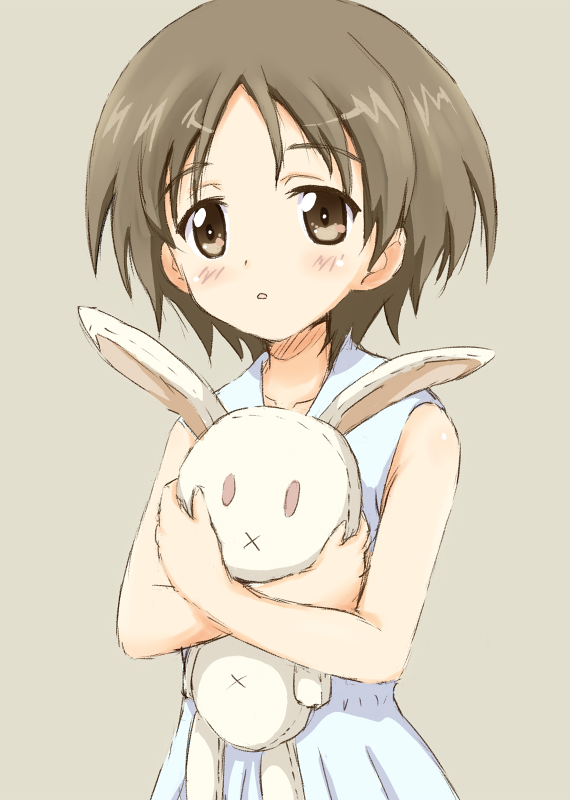 1girl, brown_eyes, brown_hair, casual, commentary, dress, eyebrows_visible_through_hair, girls_und_panzer