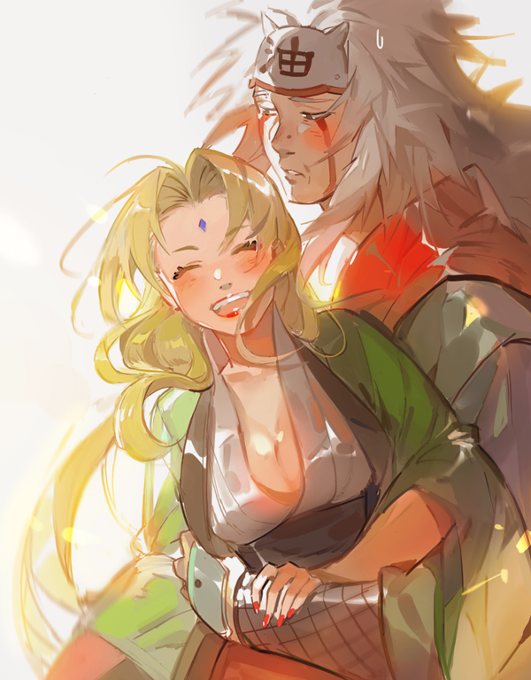 1boy, 1girl, blonde_hair, blush, breasts, brown_eyes, closed_eyes, couple, facial_mark, forehead_mark, forehead_protector, good_end, graphite_(medium), happy, hetero, jiraiya, long_hair, metawin, naruto, smile, sweatdrop, traditional_media, tsunade, white_hair
