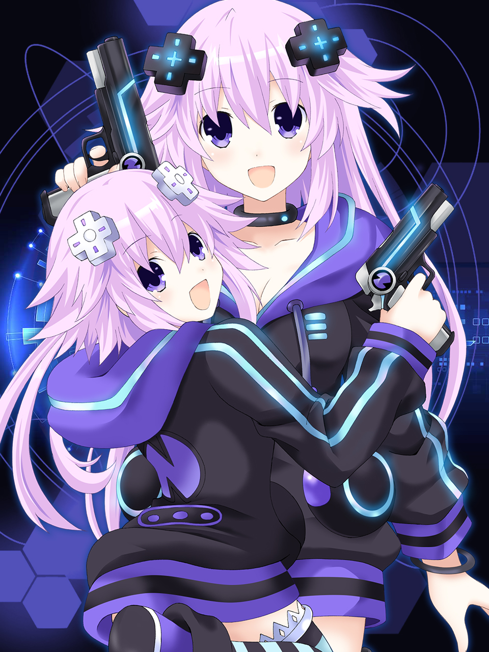 2girls, :d, adult_neptune, adult_neptune_(cosplay), black_choker, breasts, choker, cleavage