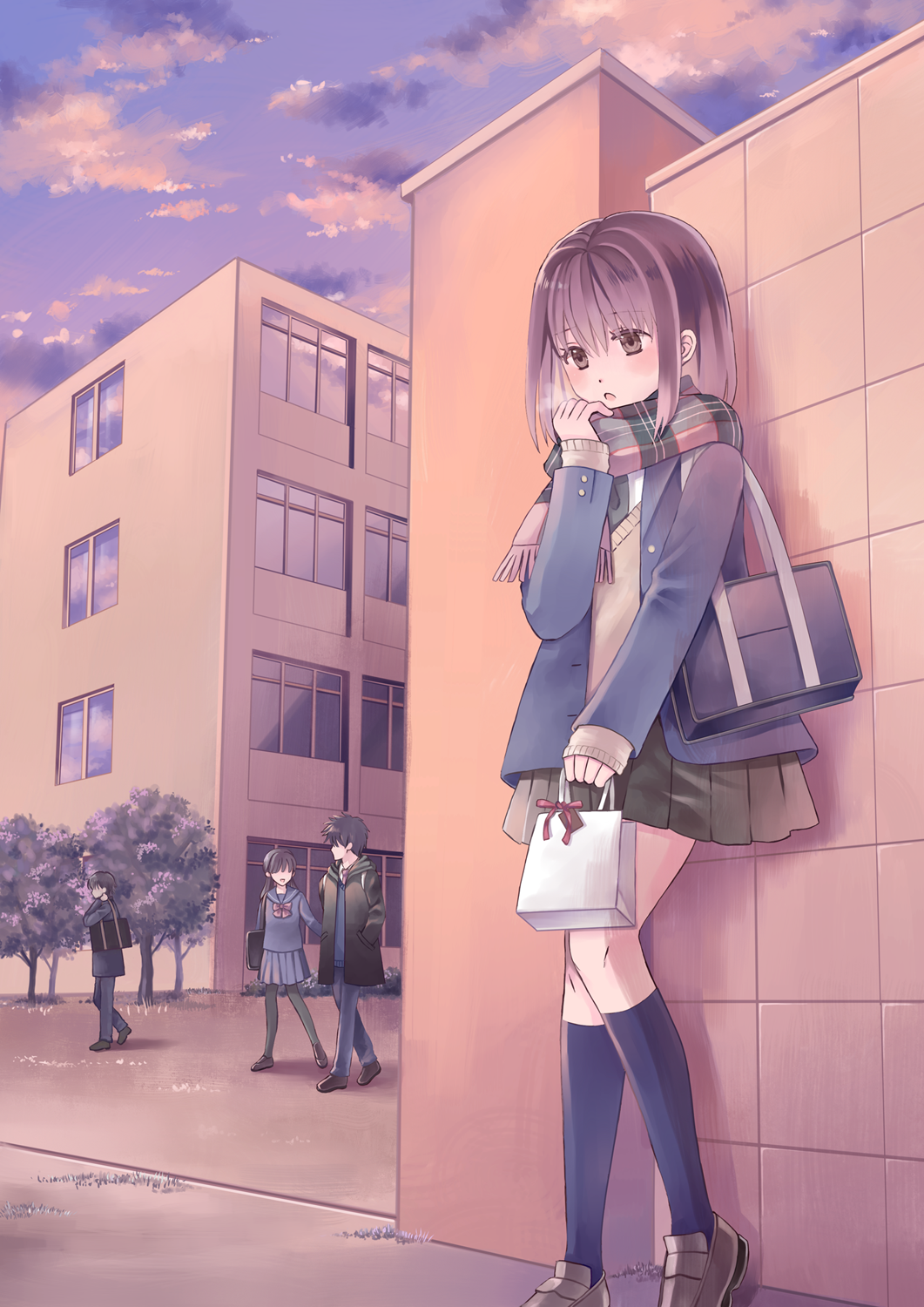 2boys, 2girls, :o, against_wall, bag, bangs, black_hair, black_legwear, black_skirt, blue_legwear, blue_serafuku, blue_sky, blunt_bangs, breath, breathing_on_hands, clouds, coat, eyebrows_visible_through_hair, faceless, faceless_female, faceless_male, full_body, hands_in_pockets, highres, kisshou_mizuki, kneehighs, loafers, long_hair, looking_down, multiple_boys, multiple_girls, neckerchief, open_clothes, open_coat, original, outdoors, pantyhose, plaid, plaid_scarf, pleated_skirt, purple_hair, scarf, school, school_bag, school_gate, school_uniform, shoes, shopping_bag, skirt, sky, sleeves_past_wrists, solo_focus, standing, sunset, sweater, tree, twilight, violet_eyes, walking