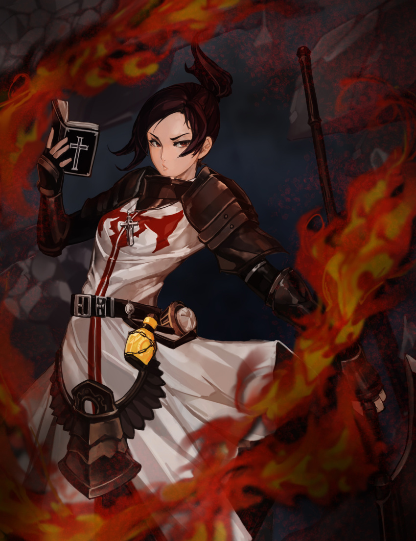 armor, axe, battle_axe, belt, black_hair, book, brown_eyes, cross, cross_necklace, dungeon_and_fighter, female_priest_(dungeon_and_fighter), fingerless_gloves, fire, flask, gauntlets, gloves, highres, holding, holding_axe, holding_book, holding_weapon, inquisitor_(dungeon_and_fighter), jewelry, looking_to_the_side, necklace, pauldrons, polearm, ponytail, serious, solo, tabard, tamidro, weapon