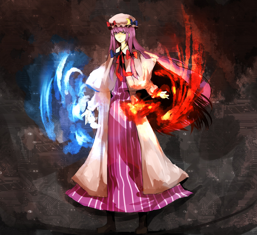 bow, circuit_board, hair_bow, highres, magic, patchouli_knowledge, purple_hair, solo