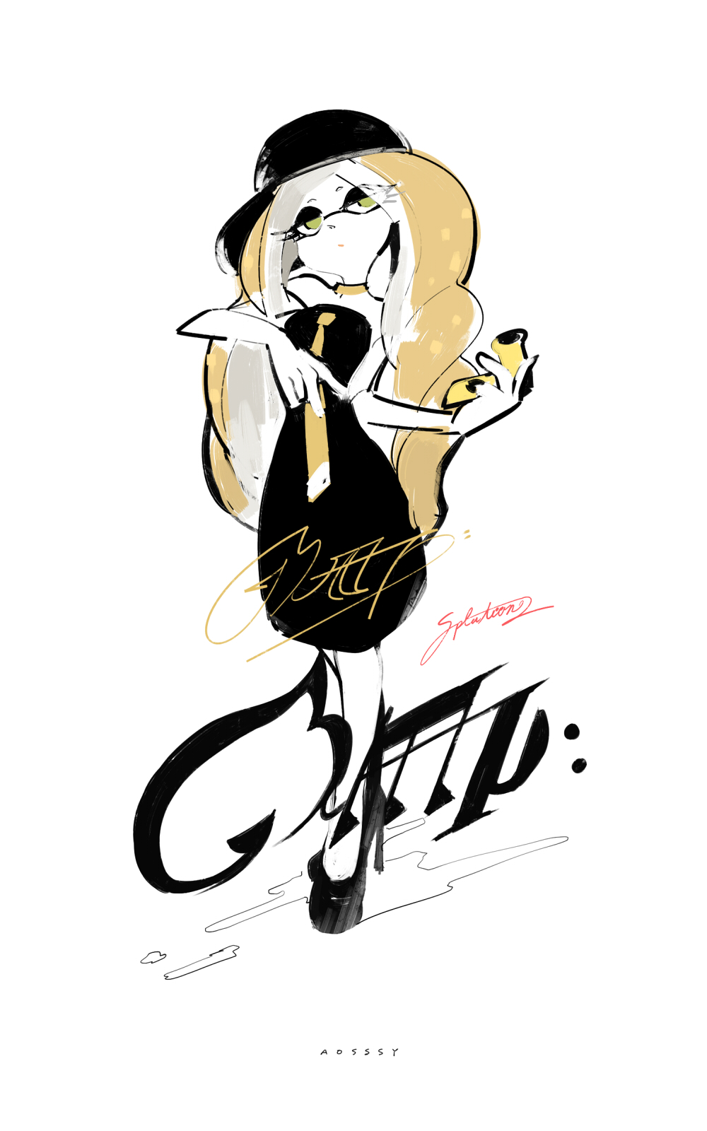 1girl, artist_name, baseball_cap, bibi_(splatoon), black_hat, brown_collar, brown_hair, brown_neckwear, closed_mouth, commentary_request, copyright_name, domino_mask, dress, eyes_visible_through_hair, full_body, hat, high_heels, highres, holding, inkling, long_hair, looking_at_viewer, mask, medium_dress, necktie, seto_(asils), signature, simple_background, solo, splatoon, splatoon_2, standing, strapless, strapless_dress, tentacle_hair, white_background