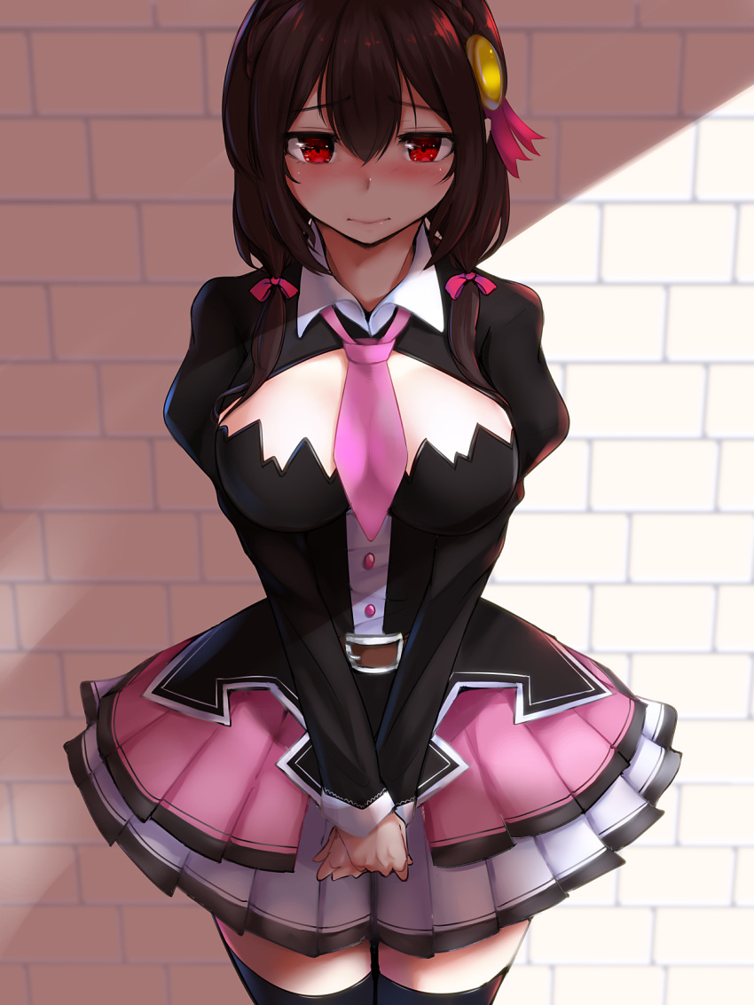 1girl, belt, black_legwear, black_shirt, blush, bow, breasts, brick_wall