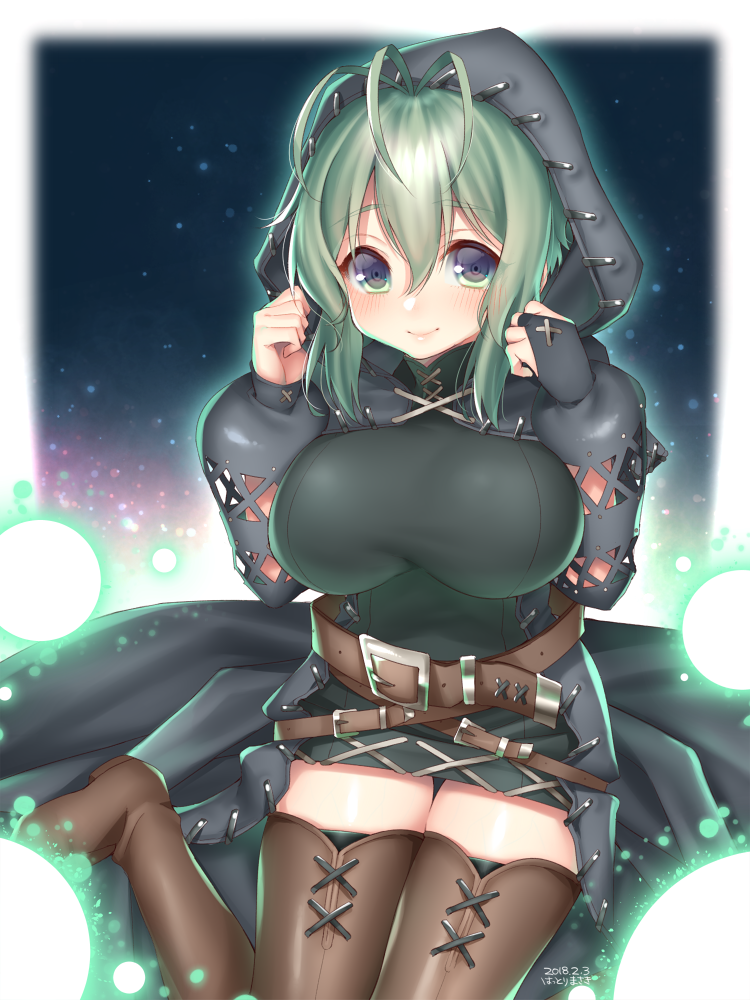 1girl, ahoge, artist_name, belt, blush, boots, breasts, cloak