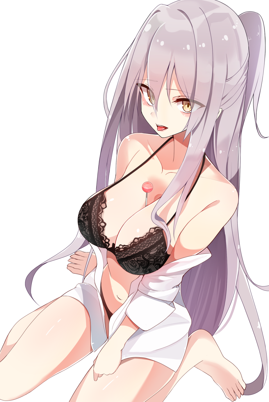 1girl, :d, bare_legs, barefoot, black_bra, black_panties, bra, breasts