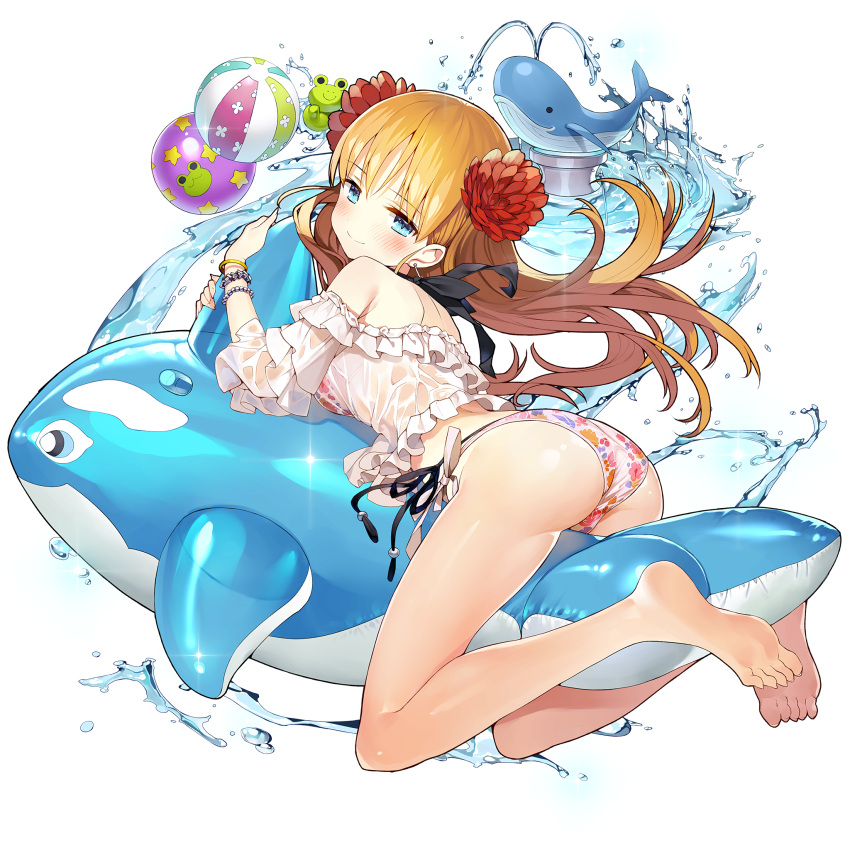 1girl, ass, ball, bare_legs, barefoot, beachball, bikini, blue_eyes