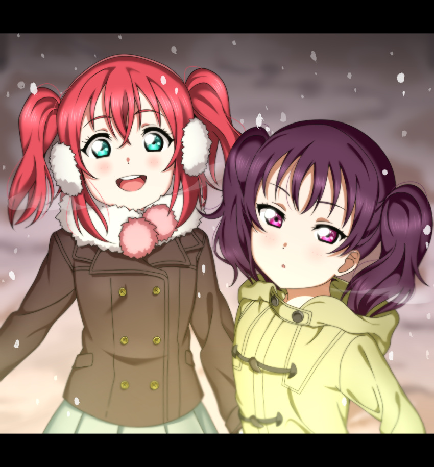 2girls, :d, aqua_eyes, aqua_skirt, blush, earmuffs, eyebrows_visible_through_hair, hair_between_eyes