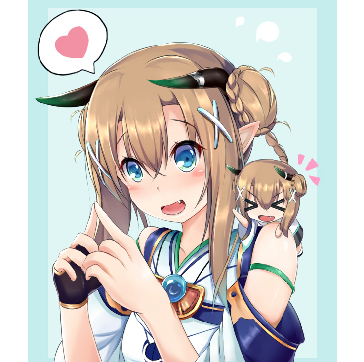 >_<, 2girls, :d, azur_lane, blue_eyes, brown_hair, chibi, commentary_request