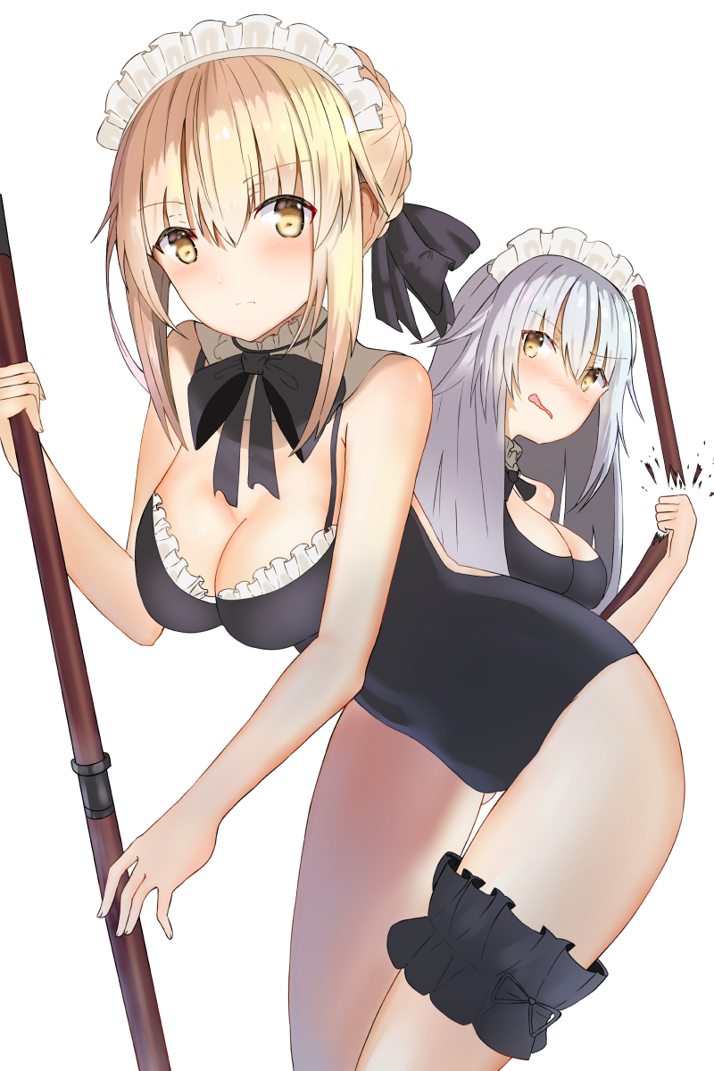 2girls, artoria_pendragon_(all), artoria_pendragon_(swimsuit_rider_alter), black_ribbon, black_swimsuit, blonde_hair, blush, breasts
