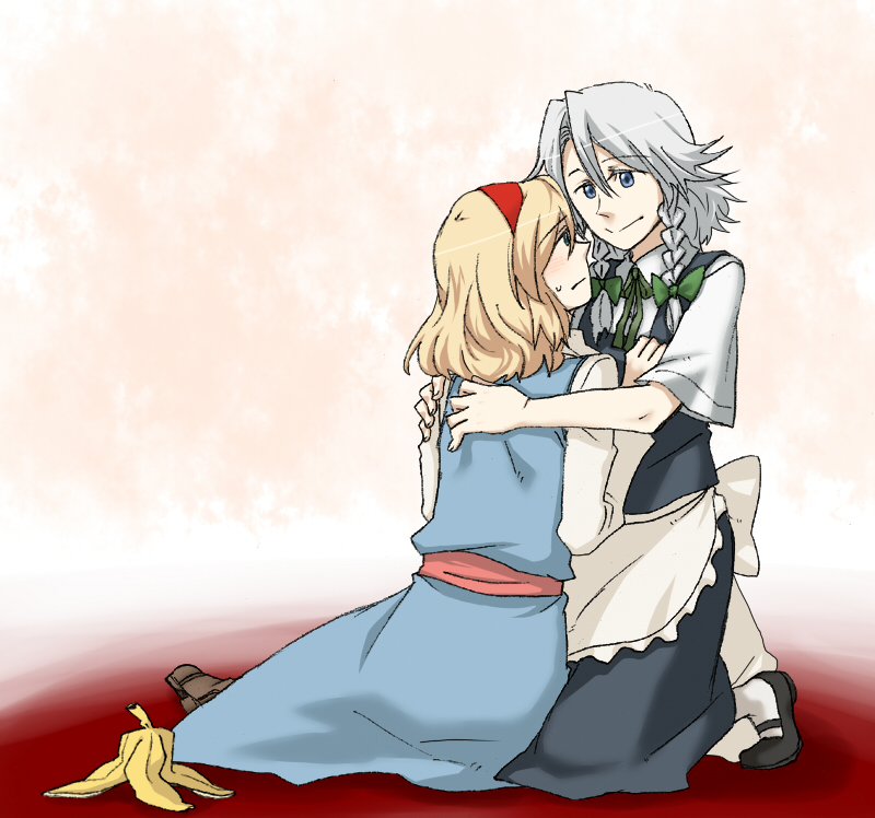 alice_margatroid, banana_peel, blonde_hair, blue_eyes, blush, braid, fallen_down, fell_down