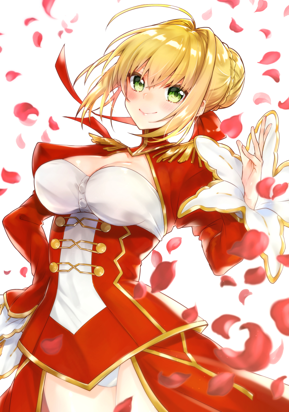 1girl, ahoge, akariko_(akaringo), blonde_hair, breasts, cleavage, epaulettes, fate/extra
