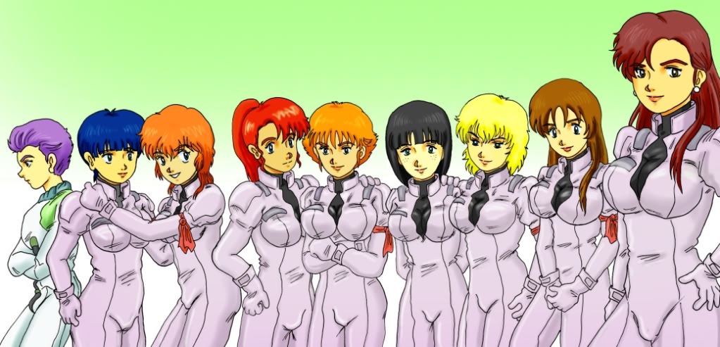 6+girls, black_hair, blonde_hair, blue_hair, breasts, connie_francis, francesca_o'hara, gundam