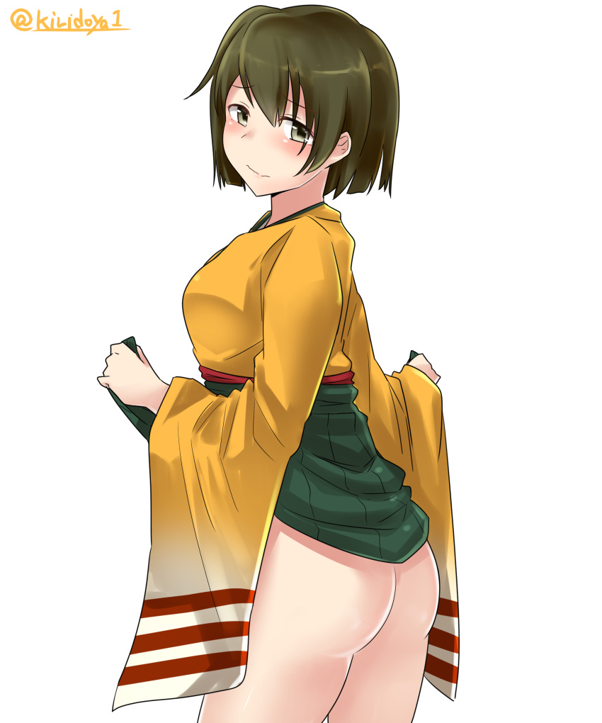 1girl, absurdres, ass, brown_eyes, brown_hair, green_hakama, hair_between_eyes, hakama