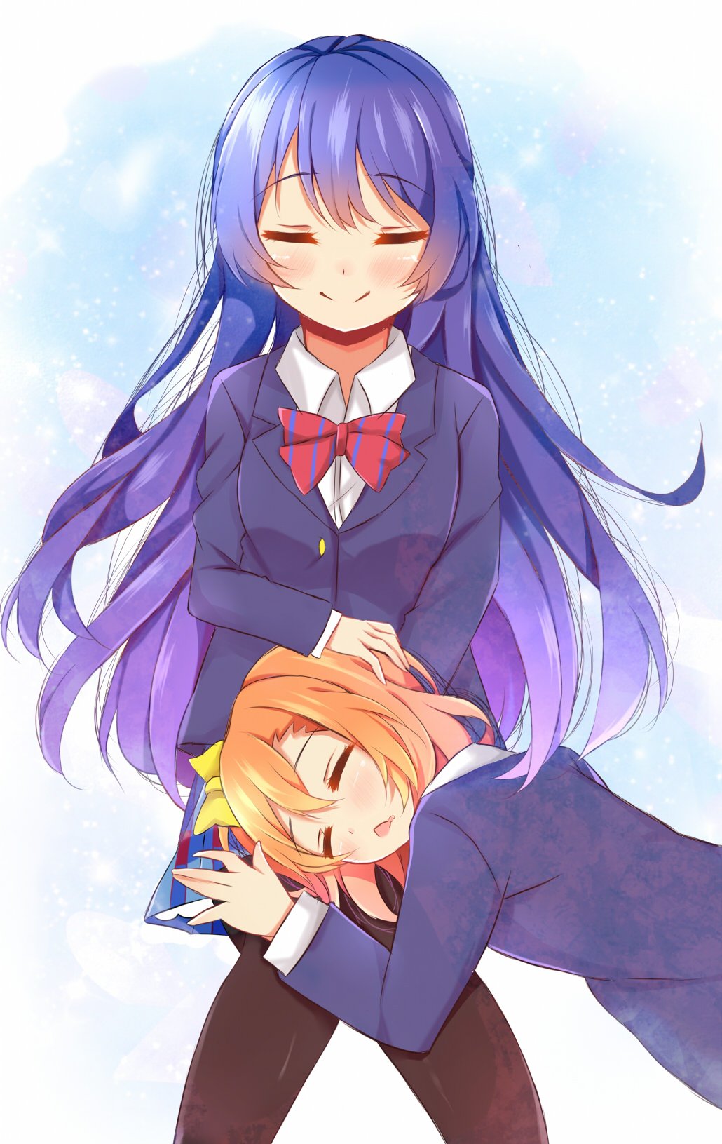 2girls, bangs, black_legwear, blazer, blue_hair, blush, bow, bowtie