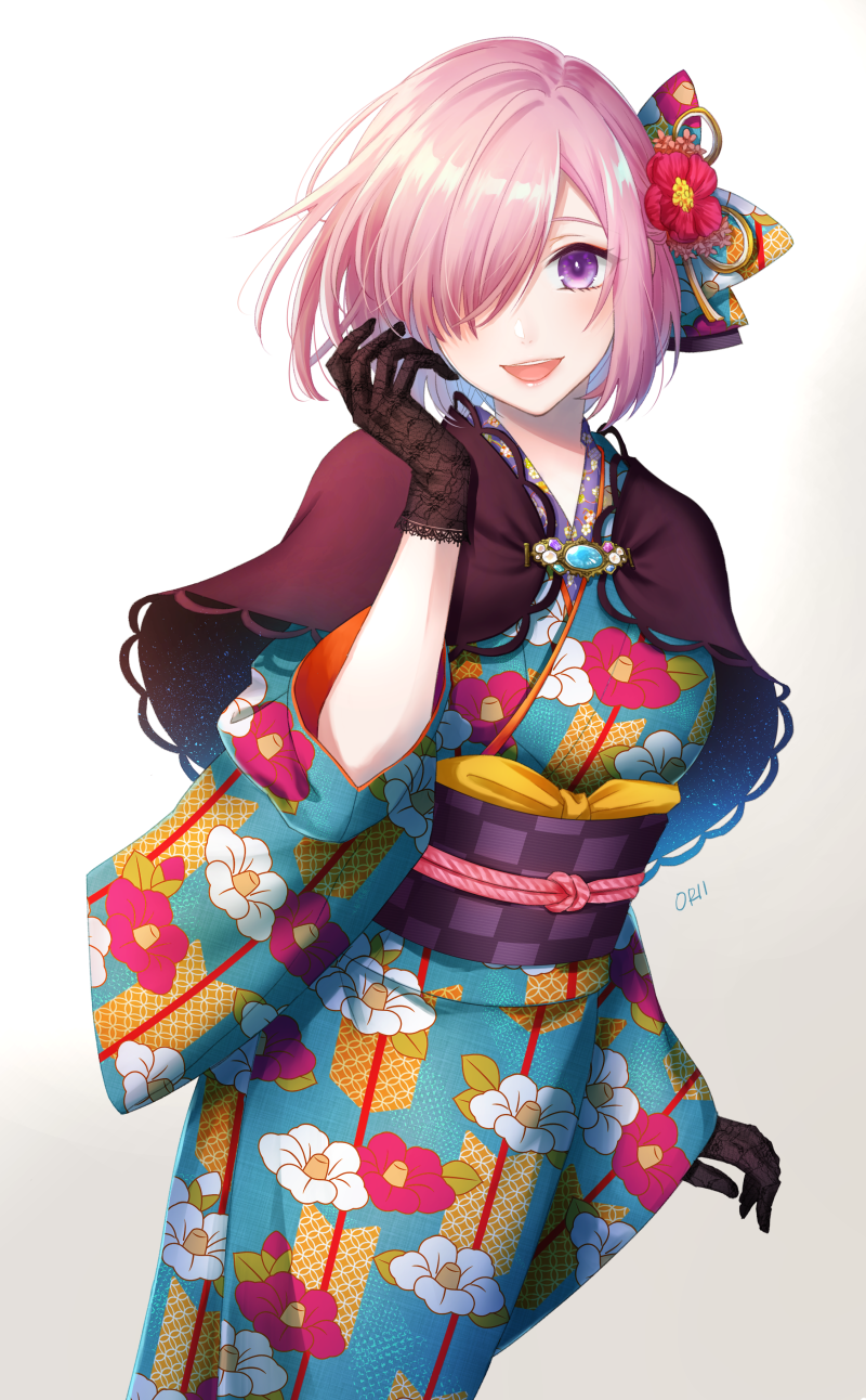1girl, :d, alternate_costume, arm_at_side, artist_name, black_gloves, blue_kimono, blush