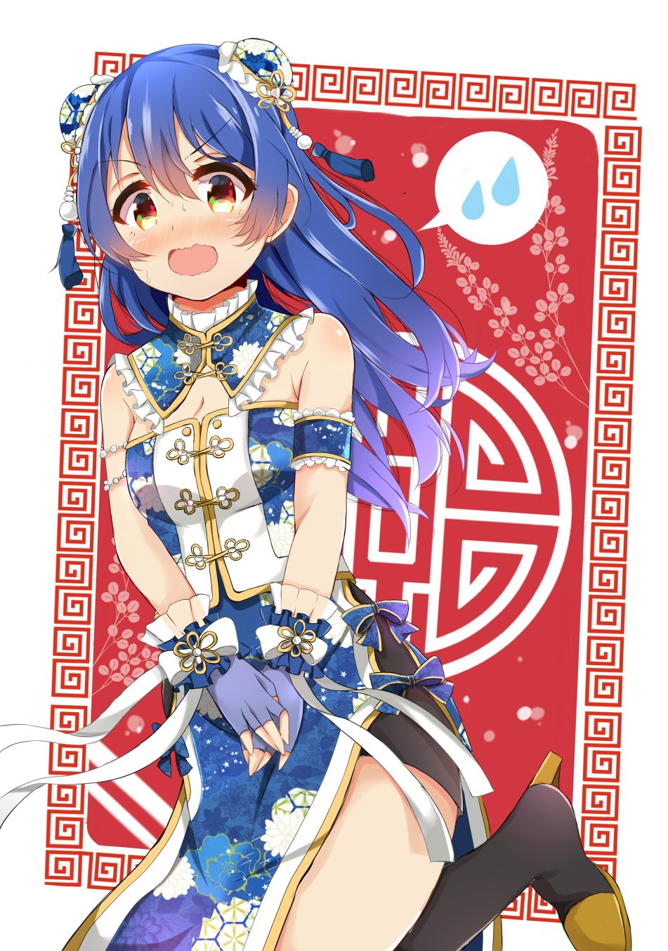 1girl, bangs, blue_hair, blush, breasts, bun_cover, china_dress, chinese_clothes