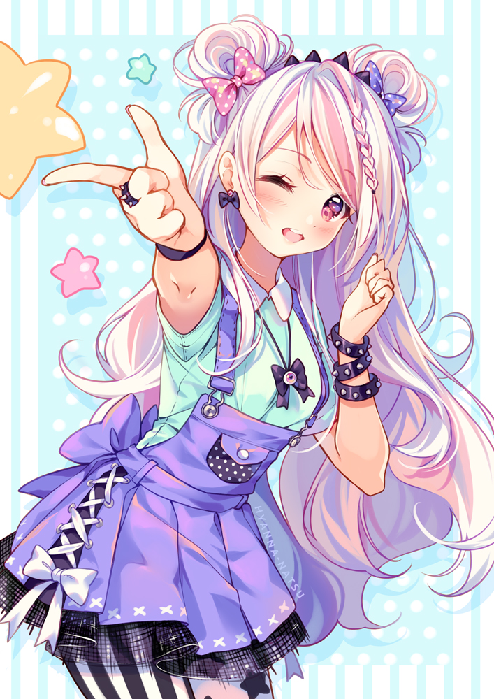 1girl, ;d, artist_name, bangs, black_bow, blonde_hair, borrowed_character, bow, bow_earrings, bracelet, commission, double_bun, earrings, eyebrows_visible_through_hair, gem, gradient, gradient_background, green_shirt, hair_bow, hand_up, high-waist_skirt, hyanna-natsu, jewelry, layered_skirt, long_hair, looking_at_viewer, necktie, one_eye_closed, open_mouth, original, outstretched_arm, pink_bow, pointing, pointing_at_viewer, polka_dot, polka_dot_background, polka_dot_bow, purple_bow, purple_hair, purple_skirt, red_eyes, round_teeth, shirt, short_sleeves, skirt, smile, solo, spiked_bracelet, spiked_ring, spikes, star, striped, striped_legwear, suspender_skirt, suspenders, swept_bangs, teeth, vertical-striped_background, vertical-striped_legwear, vertical_stripes, very_long_hair, white_bow