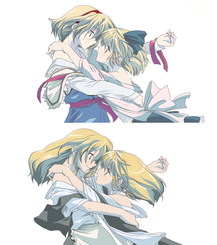alice_margatroid, alice_margatroid_(pc-98), bad_id, bare_shoulders, blonde_hair, blue_eyes, hairband, hug, kirisame_marisa, long_hair, miko_embrace, parody, short_hair, smile, time_paradox, torinone, touhou, touhou_(pc-98), yellow_eyes