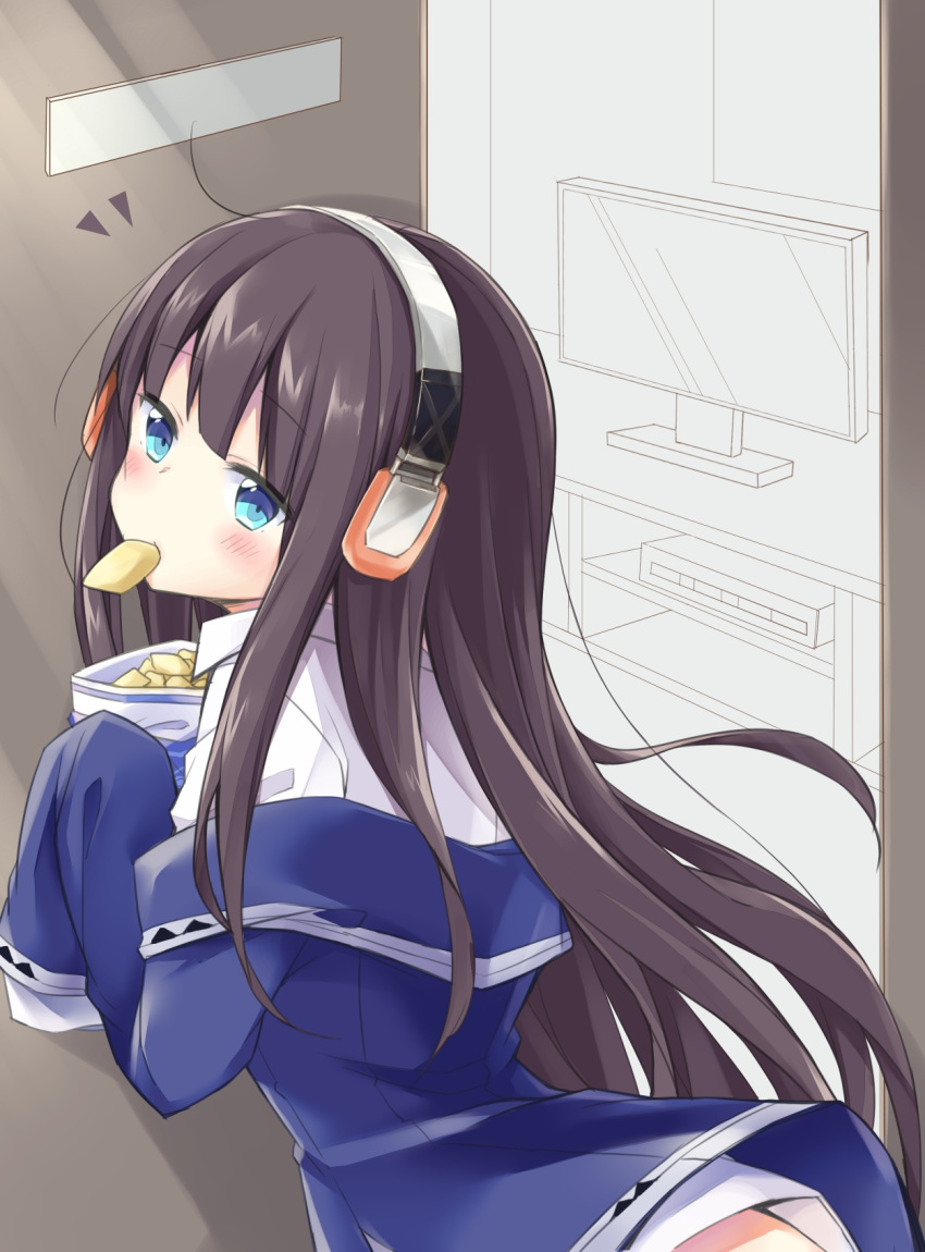 1girl, azur_lane, bag_of_chips, bangs, blue_eyes, blue_jacket, blush, brown_hair