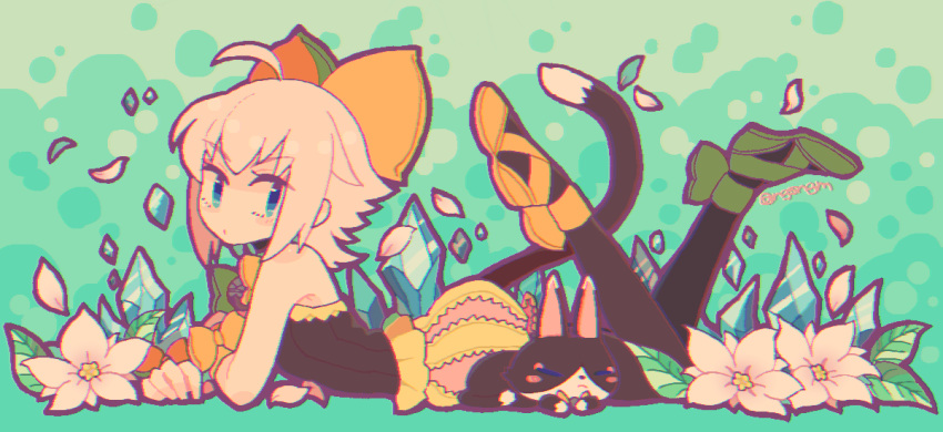 1girl, ahoge, animal, asymmetrical_clothes, asymmetrical_footwear, bangs, bare_shoulders, black_choker, black_legwear, black_shirt, blue_eyes, blush, bow, cat, cat_tail, choker, chromatic_aberration, crystal, eyebrows, eyebrows_visible_through_hair, final_fantasy, final_fantasy_crystal_chronicles, final_fantasy_crystal_chronicles:_echoes_of_time, flower, from_side, full_body, green_footwear, hair_bow, leaf, looking_away, looking_to_the_side, lying, multicolored, multicolored_clothes, multicolored_shorts, no_nose, on_stomach, orange_bow, orange_footwear, pantyhose, petals, puffy_shorts, sherlotta, shirt, shoes, short_hair, shorts, silver_hair, solo, strapless, sunagimo_(nagimo), tail, twitter_username, wristband