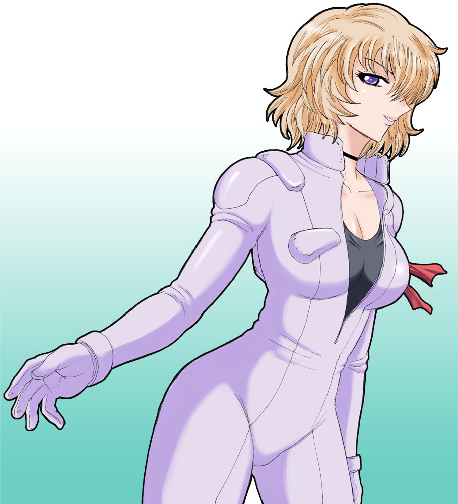1girl, blonde_hair, blue_eyes, breasts, choker, gundam, large_breasts, normal_suit, peggy_lee, pilot_suit, s.shimizu, short_hair, smile, unzipped, victory_gundam