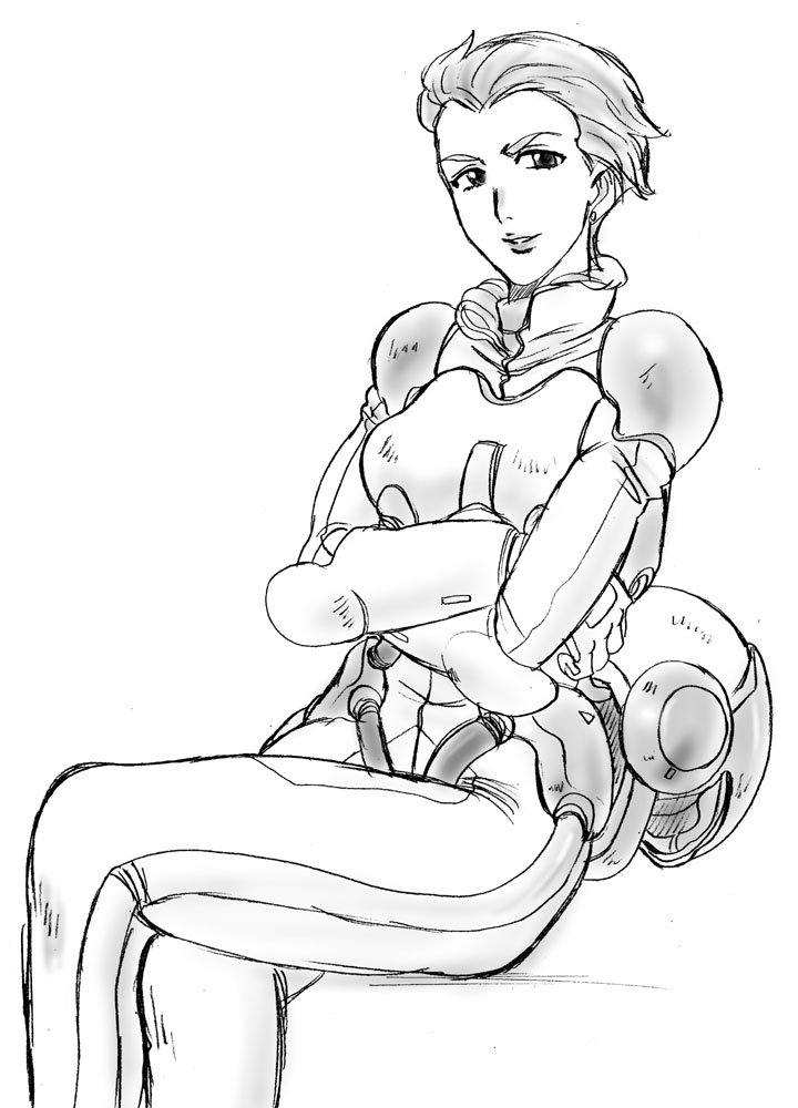 1girl, graphite_(medium), gundam, headwear_removed, helmet, helmet_removed, juca_meilasch, normal_suit, pilot_suit, s.shimizu, short_hair, smile, traditional_media, victory_gundam