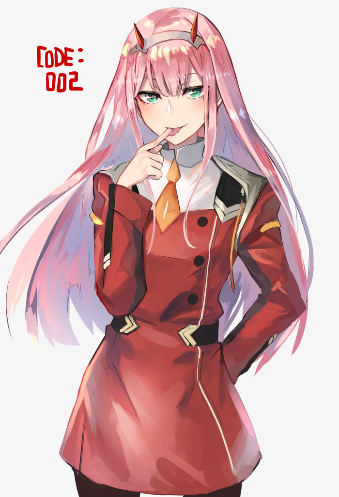 1girl, bangs, black_legwear, darling_in_the_franxx, dress, eyebrows_visible_through_hair, green_eyes, grey_background