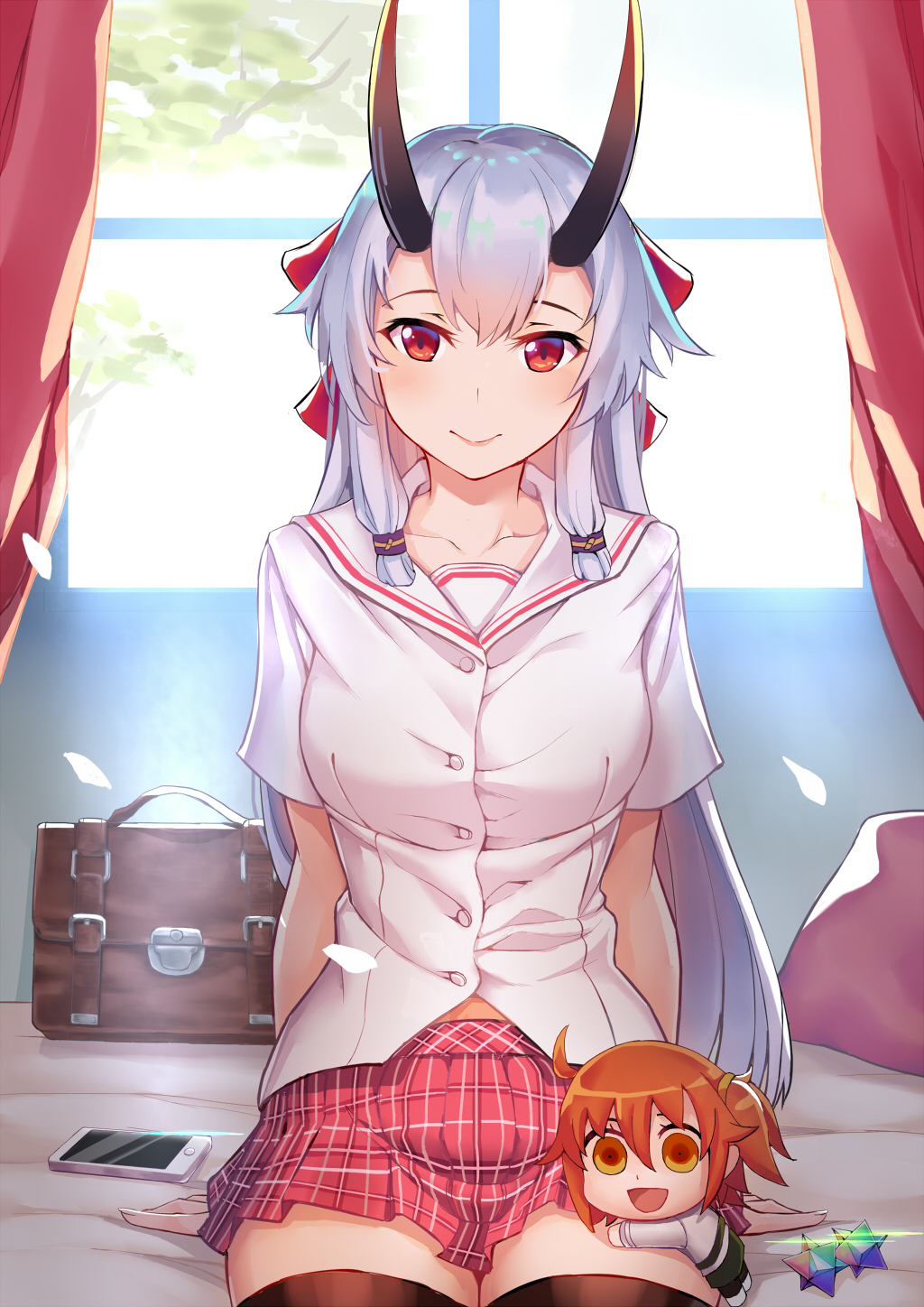 1girl, alternate_costume, bangs, bed, bed_sheet, black_legwear, breasts, cellphone