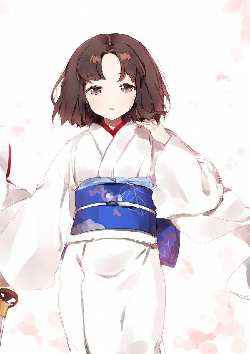 1girl, adjusting_hair, bangs, brown_eyes, brown_hair, cowboy_shot, han'eri, highres, holding, holding_weapon, japanese_clothes, kara_no_kyoukai, katana, kimono, long_sleeves, looking_at_viewer, obi, obijime, ongyageum, parted_bangs, parted_lips, ryougi_shiki, sash, short_hair, standing, sword, weapon, white_kimono, wide_sleeves