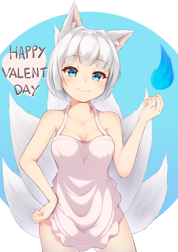 1girl, alternate_costume, animal_ears, apron, azur_lane, bangs, bare_arms, bare_shoulders, blue_eyes, blue_fire, blunt_bangs, blush, breasts, cleavage, closed_mouth, contrapposto, cowboy_shot, eyebrows_visible_through_hair, fire, flame, fox_ears, fox_tail, hand_on_hip, happy_valentine, heart, jewelry, kaga_(azur_lane), ketsujou_nora, kitsune, legs_apart, looking_at_viewer, medium_breasts, multiple_tails, naked_apron, pink_apron, ring, silver_hair, smile, solo, standing, surprised, tail, two-tone_background, wedding_band