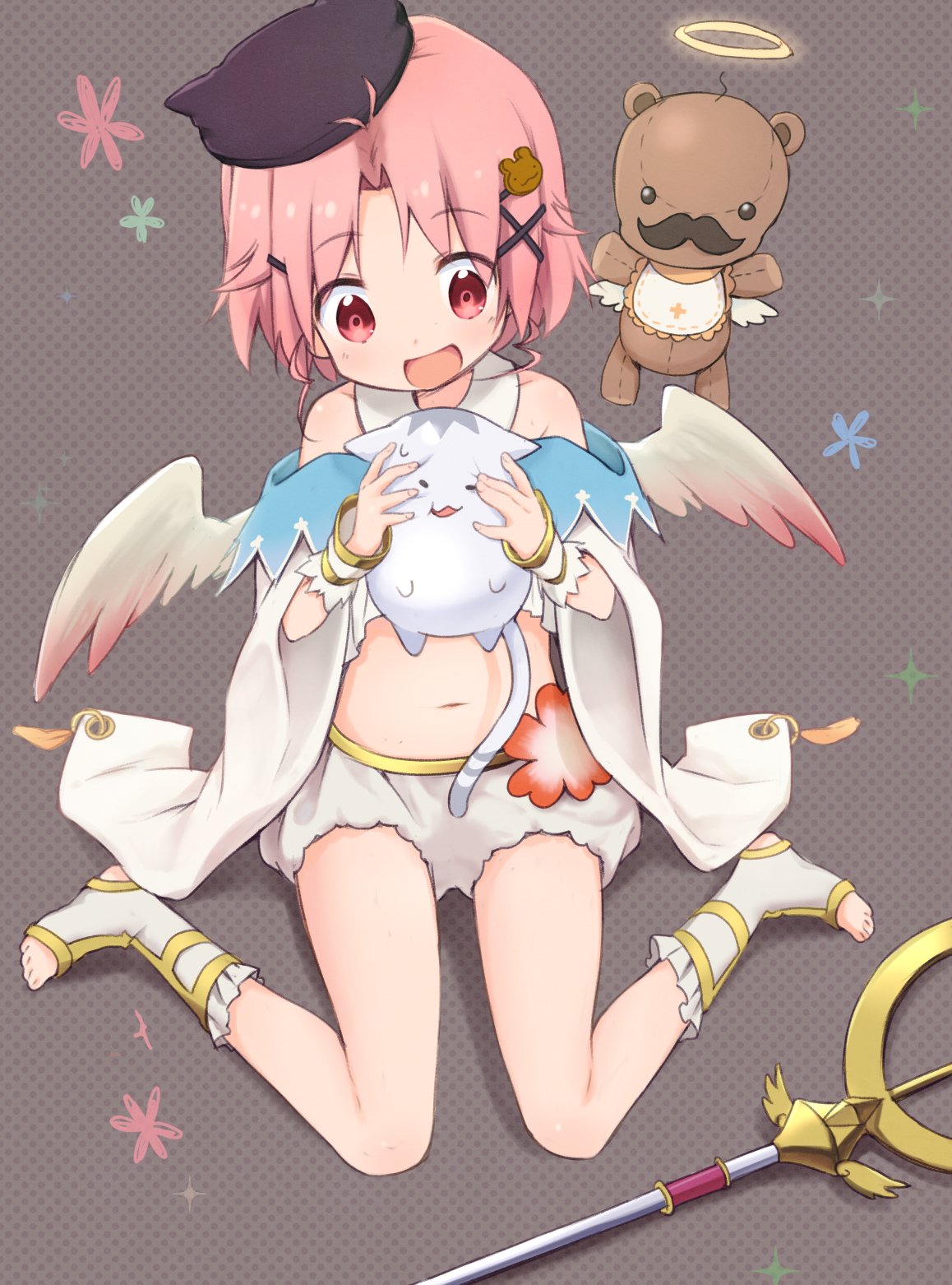 1girl, black_hat, blush, eyebrows_visible_through_hair, gakkou_gurashi!, hair_ornament, hairclip, halo, hat, highres, kirara_fantasia, looking_away, looking_down, navel, okayparium, open_mouth, pink_eyes, pink_hair, short_hair, sitting, smile, solo, staff, takeya_yuki, wariza, x_hair_ornament