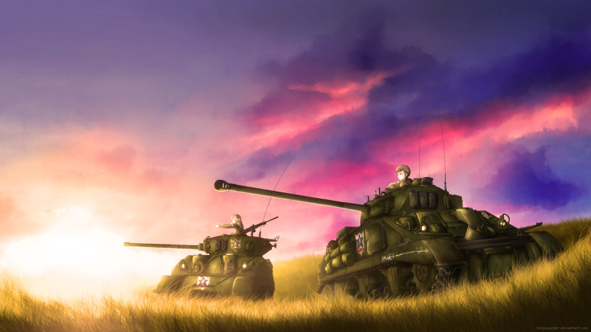 2girls, arm_support, bangs, blonde_hair, brown_hair, brown_jacket, clouds, cloudy_sky, commentary, emblem, english, fongsaunder, from_side, girls_und_panzer, grass, ground_vehicle, gun, heart, highres, jacket, kay_(girls_und_panzer), long_hair, long_sleeves, m4_sherman, machine_gun, military, military_uniform, military_vehicle, motor_vehicle, multiple_girls, naomi_(girls_und_panzer), outdoors, pointing, saunders_(emblem), saunders_military_uniform, sherman_firefly, short_hair, sky, star, sunset, tank, twilight, uniform, very_short_hair, weapon, weapon_request