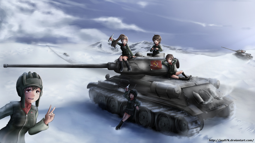 5girls, absurdres, arm_support, arm_up, arms_behind_head, bangs, binoculars, black_footwear