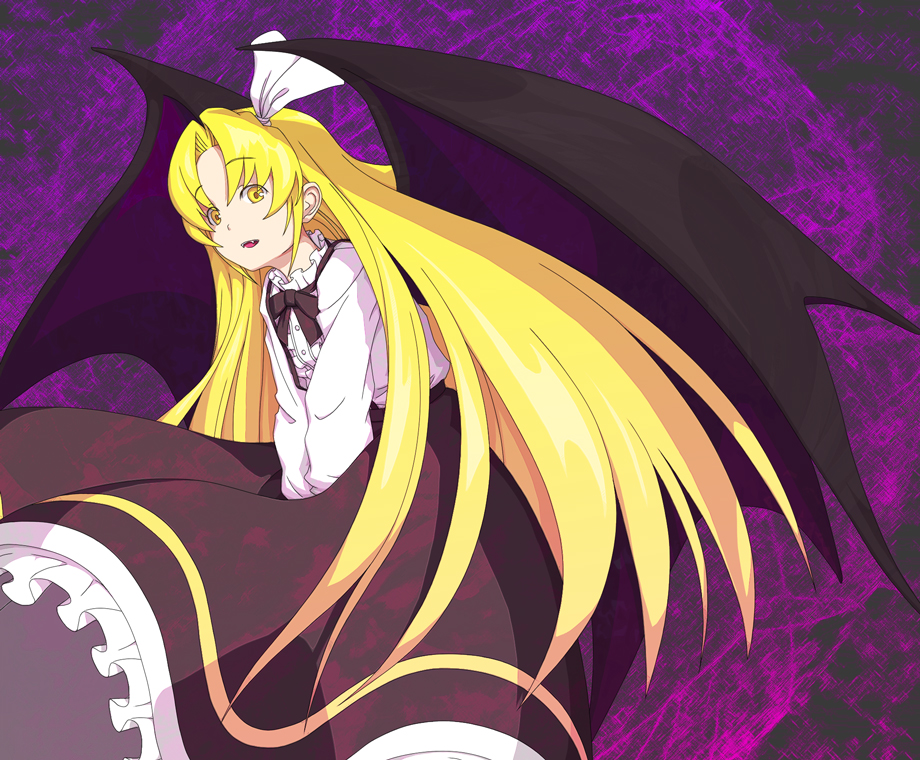 bat_wings, blonde_hair, fang, fangs, hair_ribbon, kurumi_(touhou), purple_background, ribbon