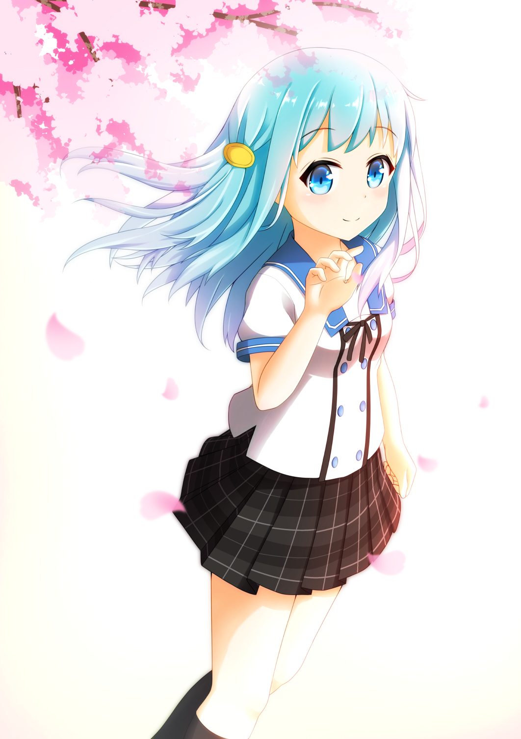 1girl, aoi_thomas, bangs, black_legwear, black_ribbon, black_skirt, blue_eyes, blue_hair, blurry, blurry_foreground, closed_mouth, commentary_request, depth_of_field, dutch_angle, ensemble_girls!, eyebrows_visible_through_hair, hair_ornament, hassaku_tsuyuri, highres, kneehighs, long_hair, looking_at_viewer, petals, plaid, plaid_skirt, pleated_skirt, ribbon, school_uniform, serafuku, shirt, short_sleeves, skirt, smile, solo, white_shirt
