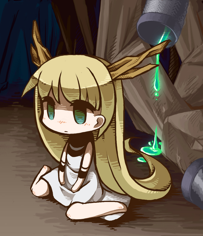 1girl, blonde_hair, commentary_request, dress, green_eyes, horns, htol#niq:_hotaru_no_nikki, long_hair, mion_(htol#niq), pipes, rukani, shaded_face, sitting, solo, very_long_hair, wariza, white_dress