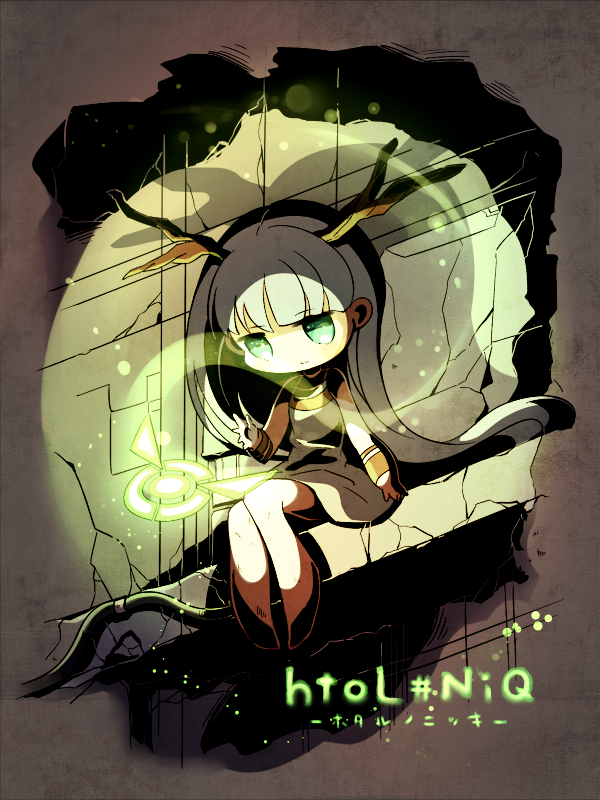 1girl, chibi, commentary_request, copyright_name, dress, green_eyes, horns, hotaru_(htol#niq)