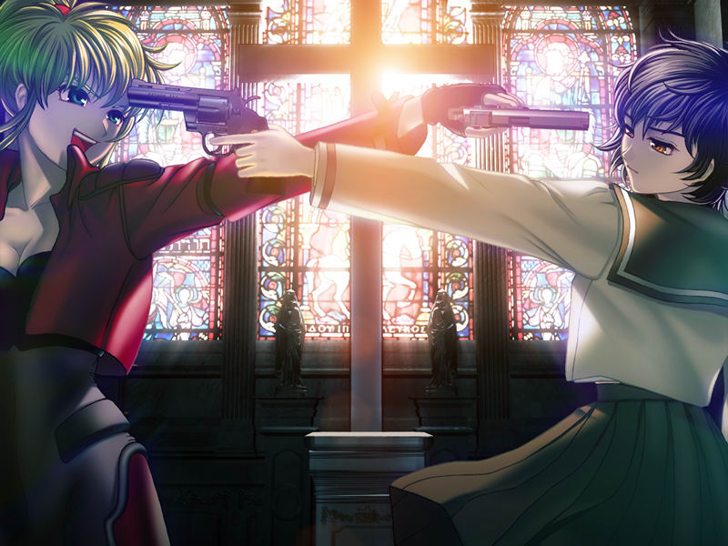 church, cross, ein_(phantom), ein_(phantom_of_inferno), gun, gun_to_head, gunpoint, handgun