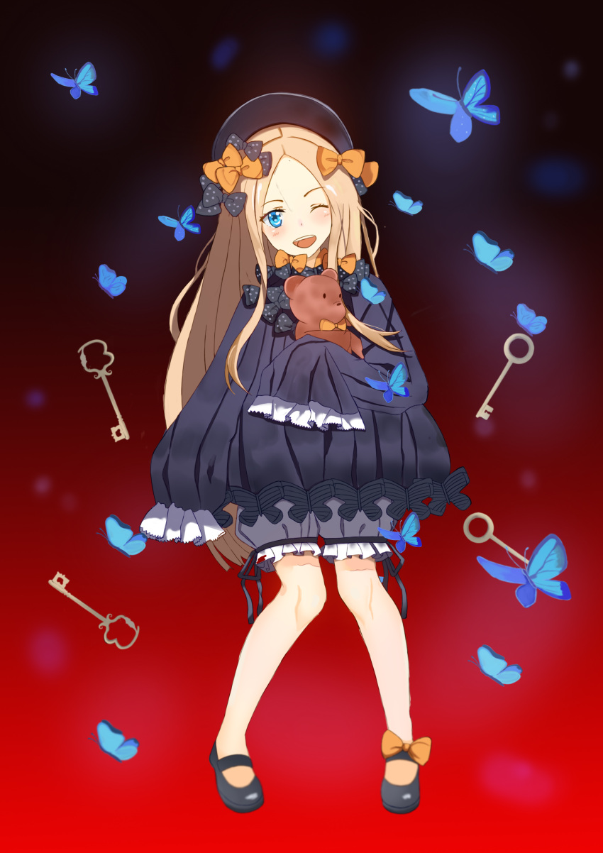 1girl, ;d, abigail_williams_(fate/grand_order), absurdres, bangs, black_bow, black_dress, black_footwear