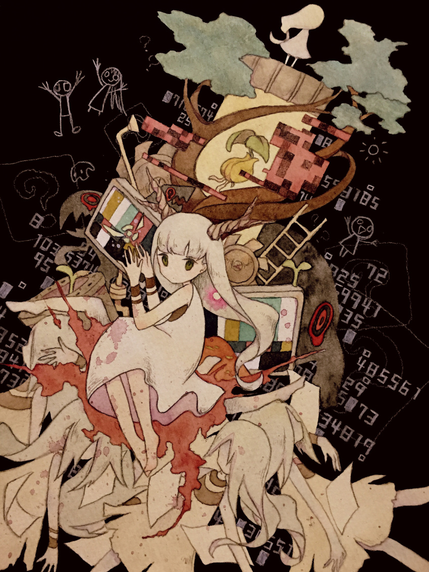 6+girls, absurdres, barefoot, black_background, blood, blood_splatter, commentary_request, doodle, dress, faceless, faceless_female, gai_(merry_go_round), glitch, green_eyes, highres, horns, hotaru_(htol#niq), htol#niq:_hotaru_no_nikki, ladder, long_hair, mion_(htol#niq), multiple_girls, number, red_eyes, seed, tree, very_long_hair, white_dress, white_hair