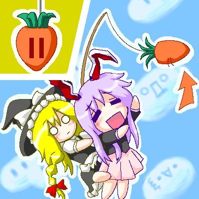 =_=, animal_ears, bunny_ears, carrot, carrot_on_stick, directional_arrow, kirisame_marisa, lowres
