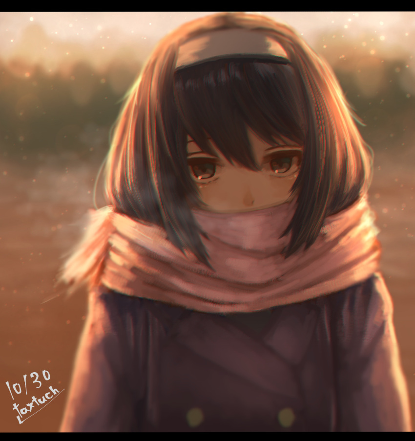 1girl, artist_name, bangs, black_hair, blue_coat, blurry, blurry_background, brown_eyes