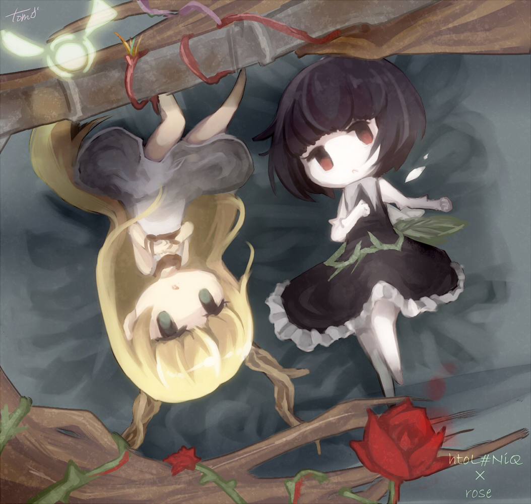 2girls, artist_name, black_dress, black_hair, blonde_hair, cable, commentary, copyright_name