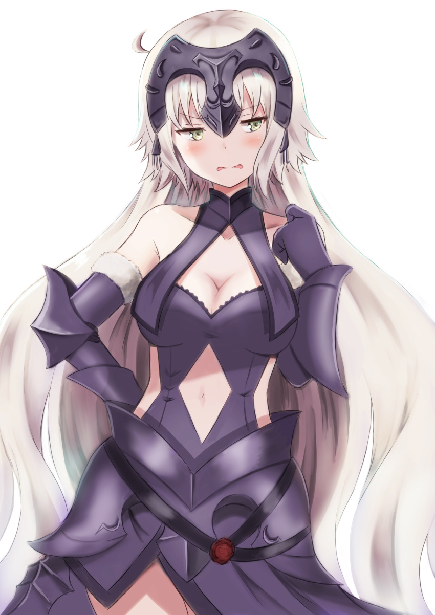 1girl, absurdres, ahoge, blush, breasts, cleavage, commentary_request, fate/grand_order, fate_(series), gauntlets, grey_eyes, hairpiece, highres, jeanne_d'arc_(alter)_(fate), jeanne_d'arc_(fate)_(all), long_hair, looking_away, navel, parted_lips, shibakame, silver_hair, solo, wavy_mouth, white_background