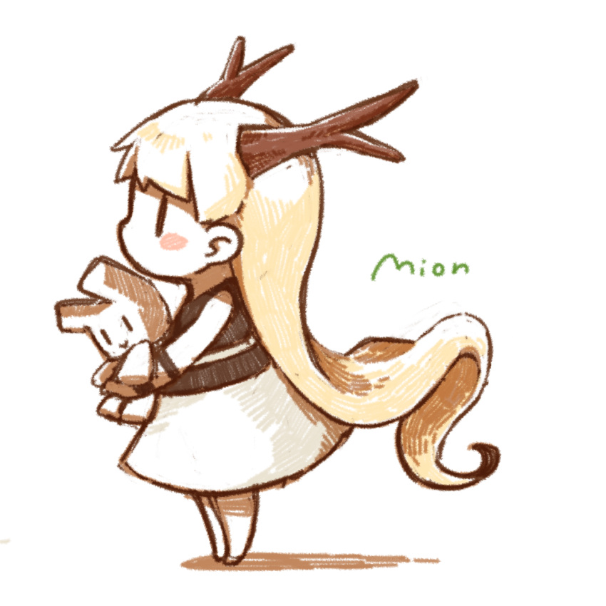 1girl, blonde_hair, blush, character_name, chibi, commentary_request, dress, highres