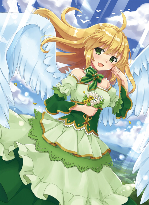 1girl, ahoge, angel, angel_wings, bare_shoulders, blue_sky, bow, braid, dress, dutch_angle, flock, flower, green_bow, green_dress, green_eyes, hand_up, holding, holding_flower, layered_dress, light_brown_hair, light_rays, moriya_ako, original, outdoors, sky, solo, white_wings, wings