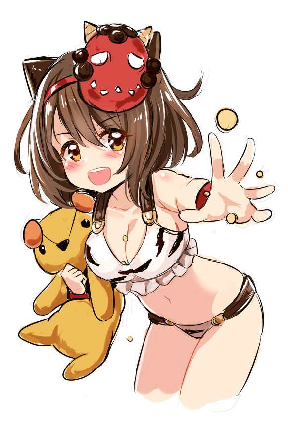 1girl, animal_print, brown_hair, doraf, granblue_fantasy, horns, mask, mask_on_head