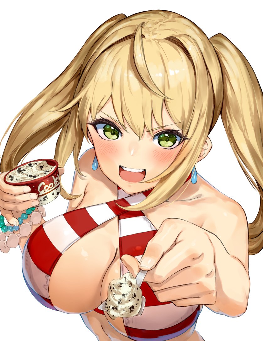 1girl, bare_shoulders, bikini, blonde_hair, blush, bracelet, breasts, earrings