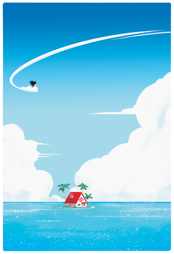 1boy, black_hair, blue_sky, clouds, condensation_trail, dragon_ball, flying, flying_nimbus